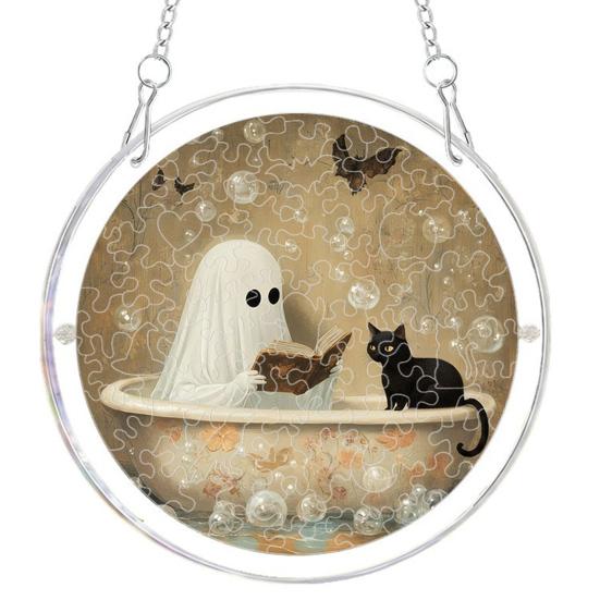 Durable Acrylic Halloween Suncatcher Jigsaw Puzzle Set, Spooky Ghost Floral Meadow Window Hanging Ornament with Metal Porch Decoration Frame & Chain,