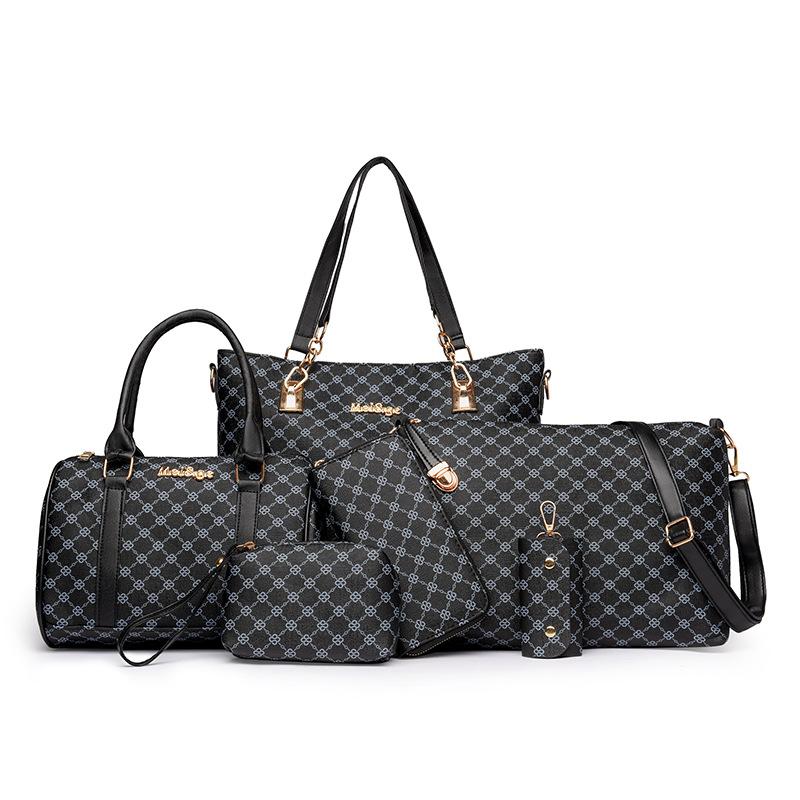 New Women's Large-capacity Mother and Child Bag Six-piece Fashion Printing Handbag Contrasting Color Plaid Shoulder Bag Messenger Bag
