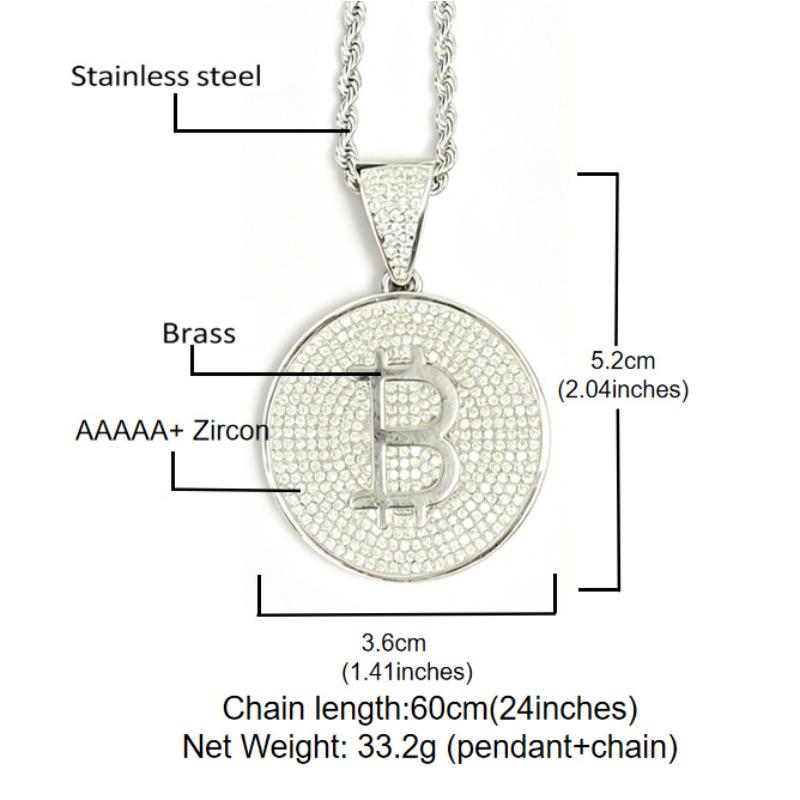 Bitcoin Coin Pendant with Copper Inlaid Zircon, Hip-hop Trend, Men's Personalized Necklace Accessories