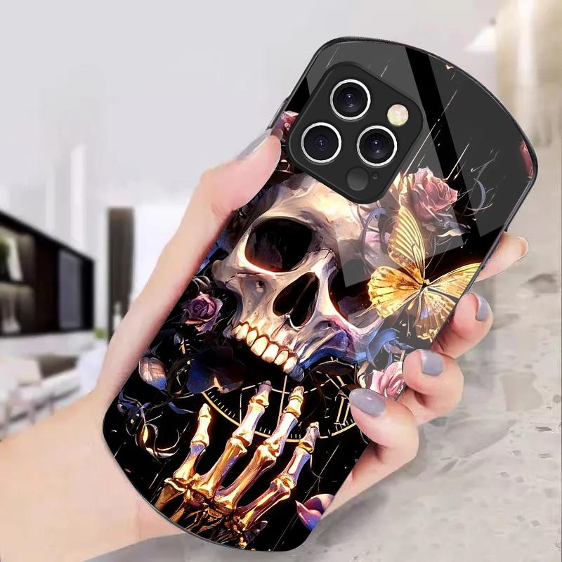 Skeleton Skull Flower For IPhone 16 Pro Max 11 12 Mini 13 14 P Lus 15 Plus 7 8 Se 2020 X Xs Elliptical Tempered Glass Phone Case