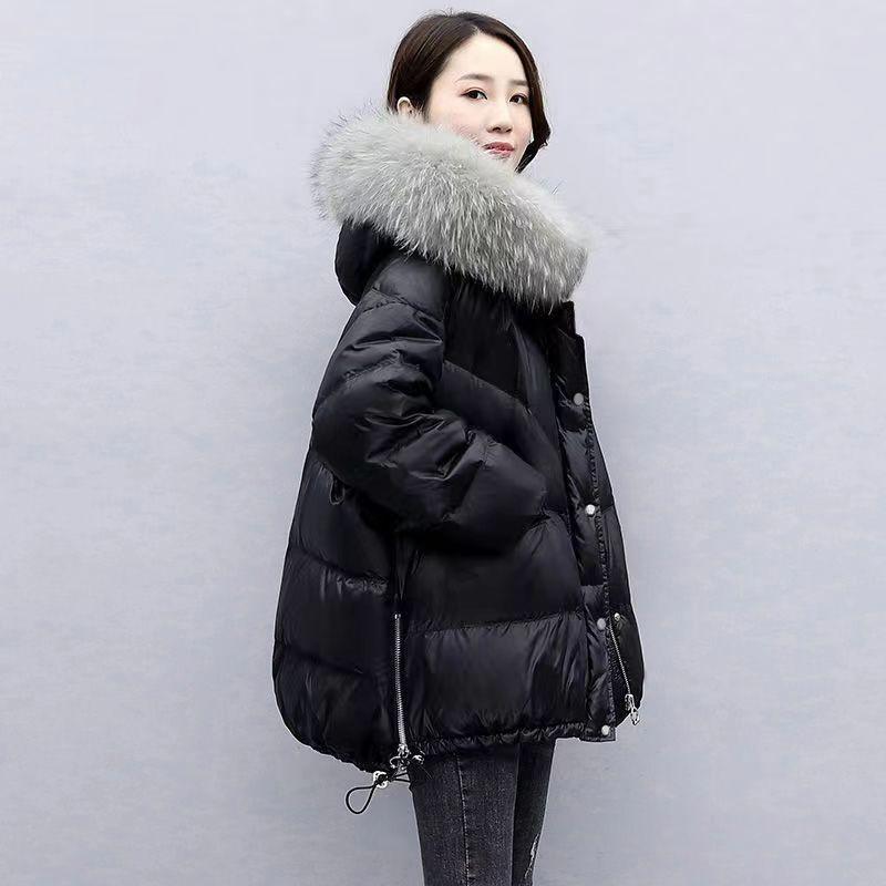 Down Cotton Jacket Women's Mid Length Korean Version Loose Fitting Thick Jacket Large Woolen Collar Winter Hooded Outfi