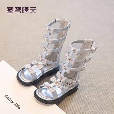 Größe 26-37 Mädchen Sandalen 2025 Sommer Perlen Schleife Weiche Sohle Fee Hohe Sandalen Römische Sandalen Mittlere und Ältere Kinder