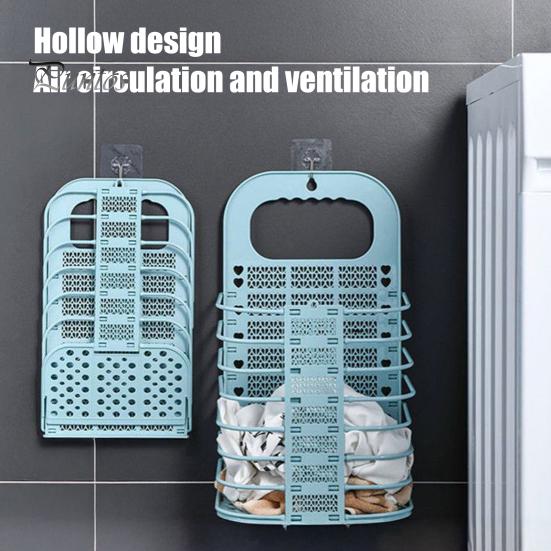 Bathroom Wall Decor Storage Foldable Laundry Basket, Breathable Hollow Design, Mounted Plastic Container Space Saving Organizer, for Dormitory