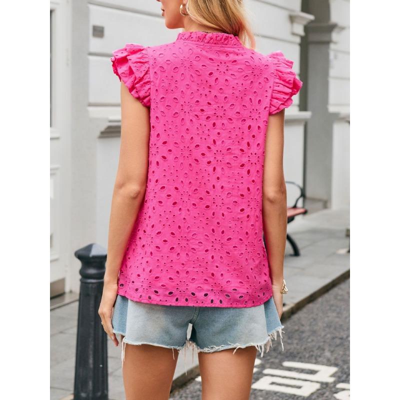 Women European Style Casual Summer Hollow Out Embroidery Flounce Sleeve V Neck Shirt