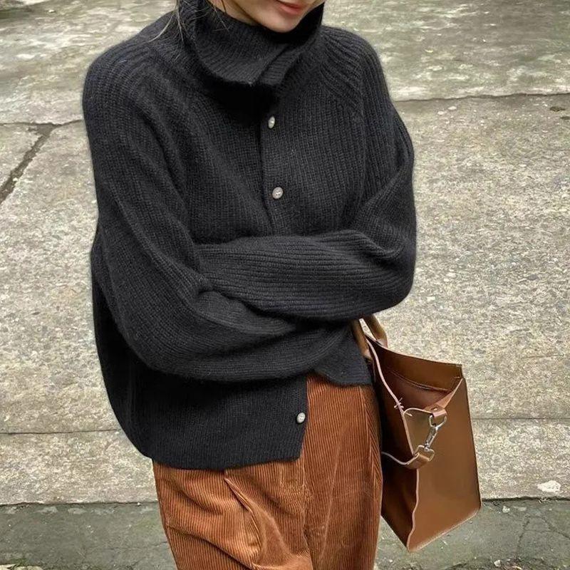 Autumn Winter Turtleneck Cardigan for Women Elegant Long Sleeve Sweaters Fashion Pit Strip Casual Basic Loose Knitted Coats