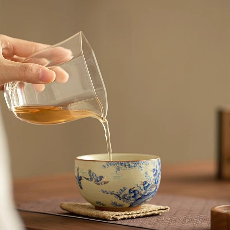 1 Pc Chinese Handmade Flowers and Birds Ceramic Tea Cup Ru Kiln Tea Bowl Household Master Teacup Travel Personal Tea Set 140ml