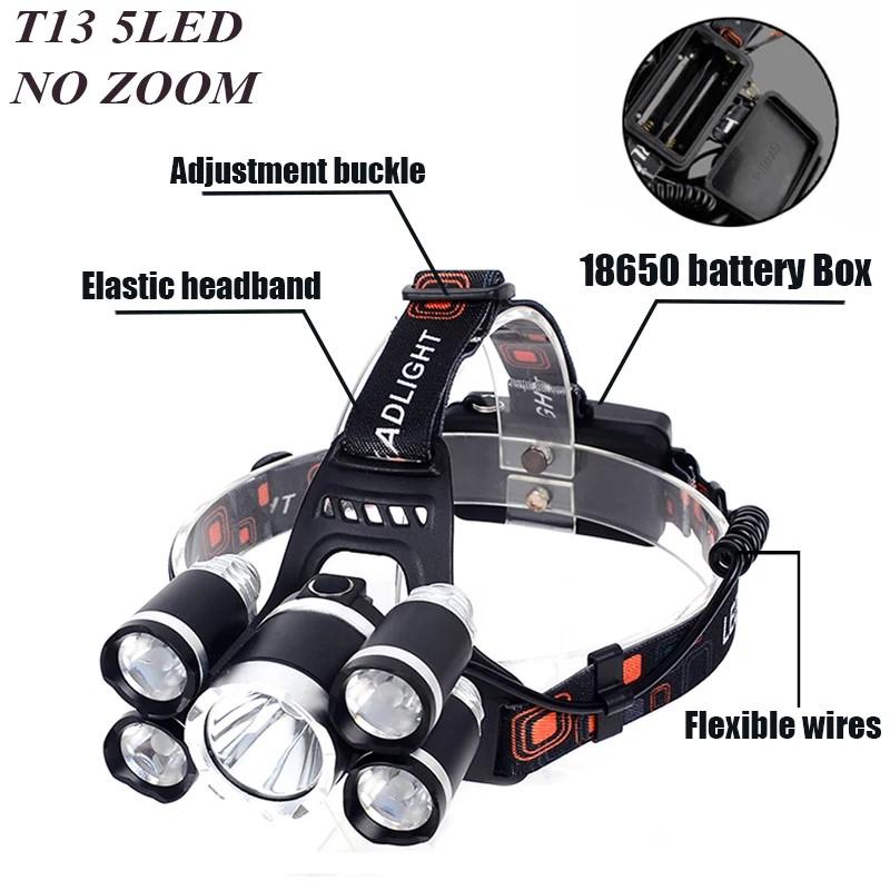 Led Aluminum Alloy Headlamp Fishing Charge Headlamp 5 * T 6 Charge Torch Headhunter Camping Flashlight 18650 Battery