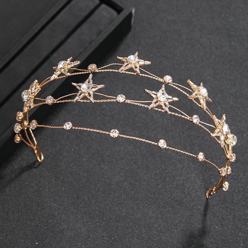 European Baroque Rhinestone Star Bridal Headband - Double Layer Gold Alloy Accessory