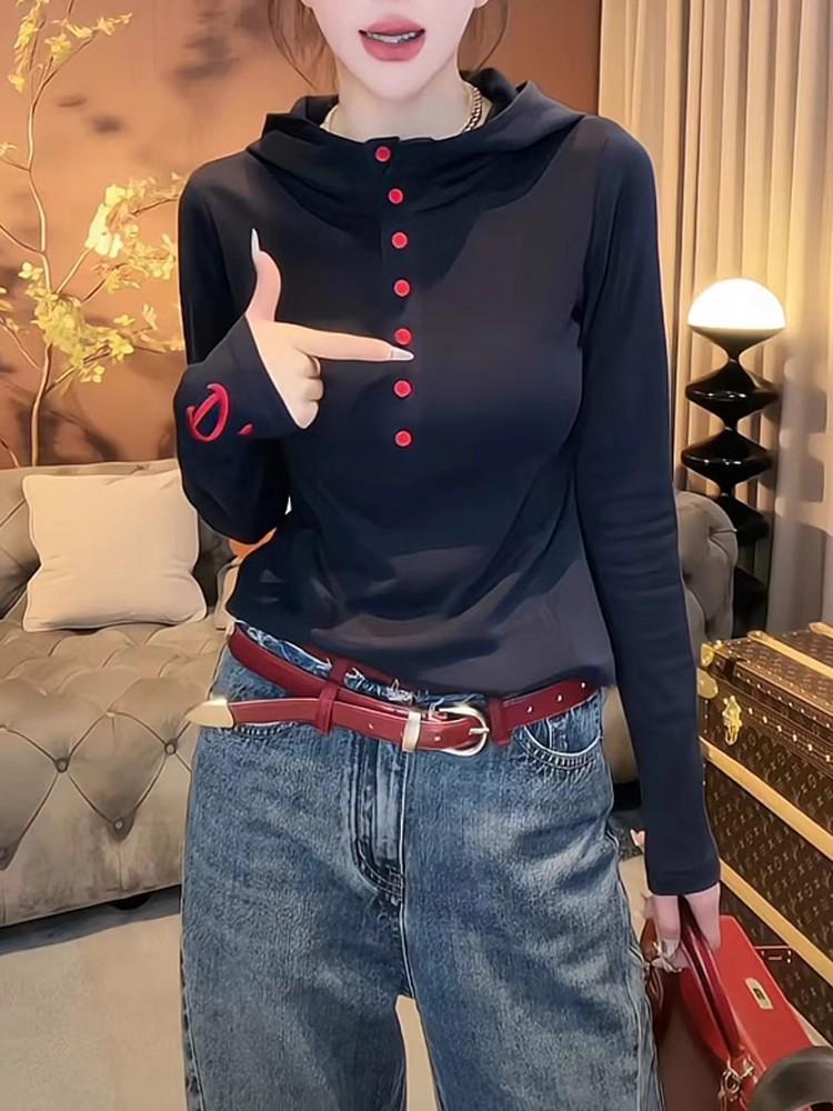 

2025 Autumn Women s Slim Fit Embroidered Hooded Long Sleeve T-Shirt - Trendy Style S (80-100 jin)