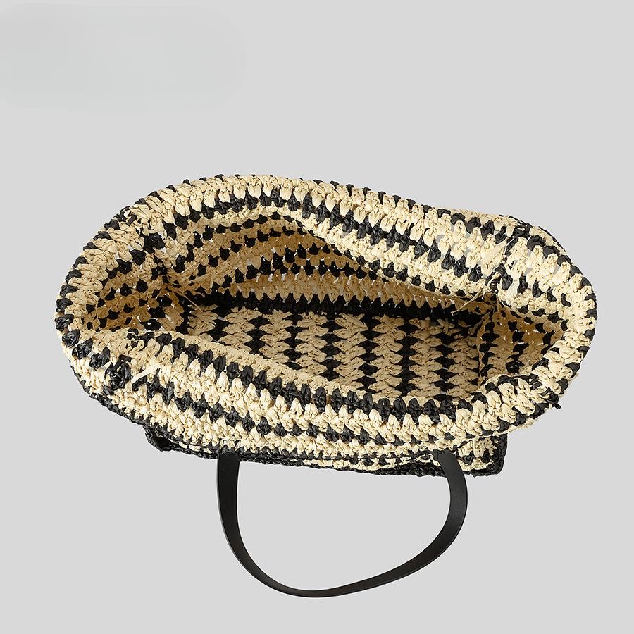 Gestreifte Kontrastierende Strohtasche Damen Große Kapazität Strandurlaub Strandtasche Reine Handgefertigte Webart Schultertasche