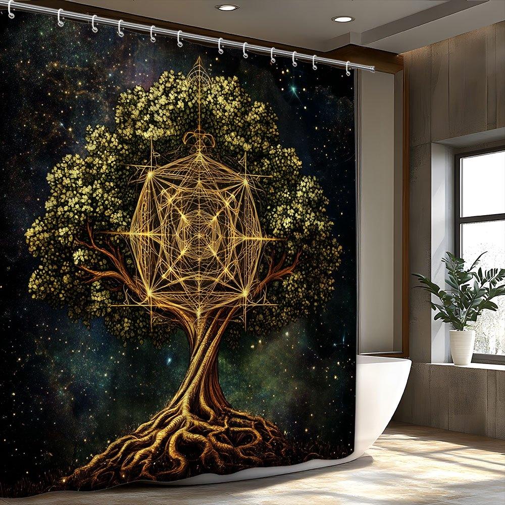 Mystical Mandala Tree Shower Curtain - Glowing Golden Geometric Patterns,Cosmic Night Sky,Nature & Abstract Art,All-Season Decor