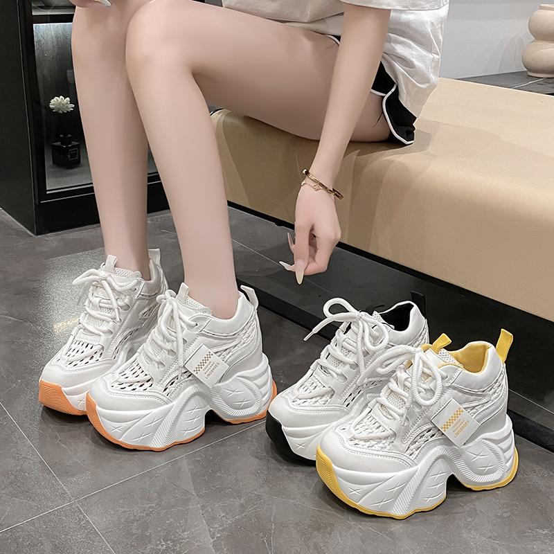 Neue Klobige Leder-Sneaker Sommer Schnürschuhe Lässige Vulkanisierte Schuhe Damen Hohe Plateau Atmungsaktives Mesh Sportliche Dad-Schuhe 10CM