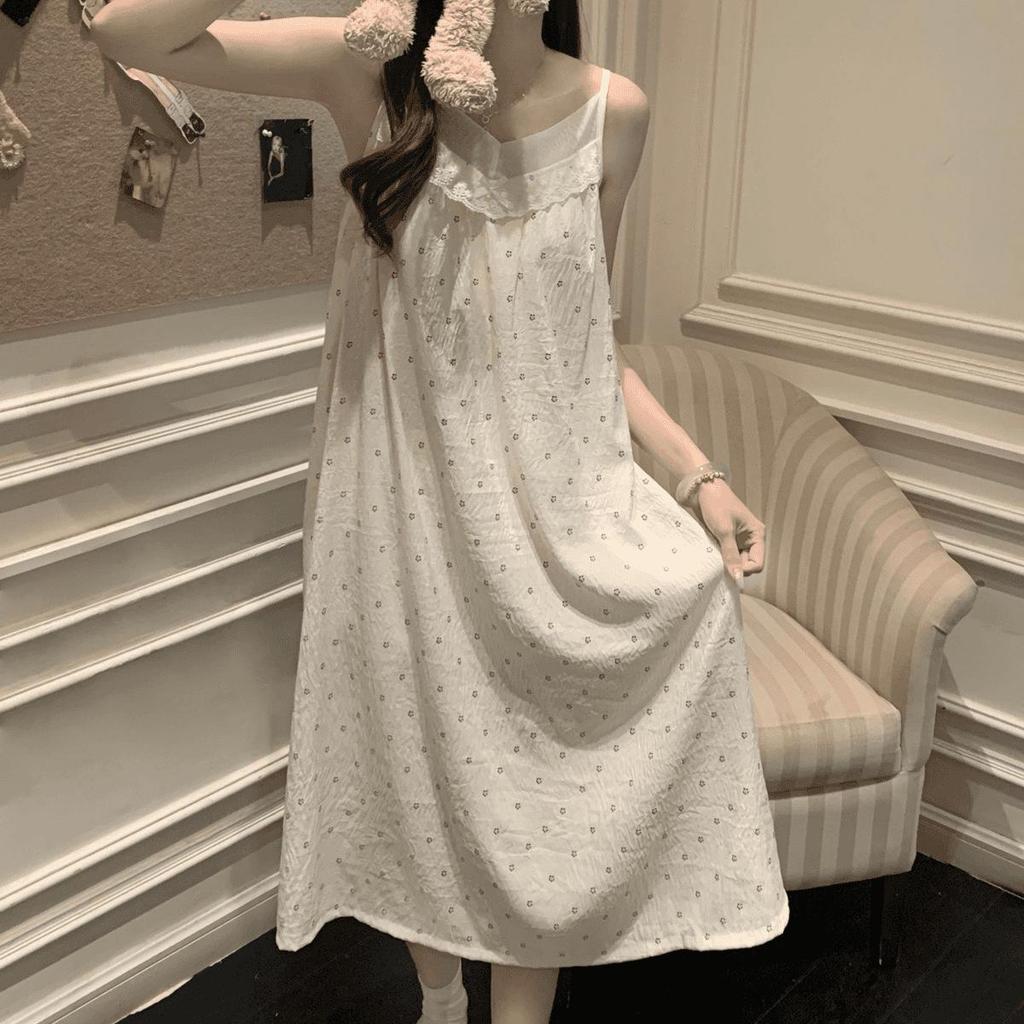 2026 Summer Women's Cartoon Padded Strappy Loose Nightgown Dress Pajamas - Sweet Outdoor Style