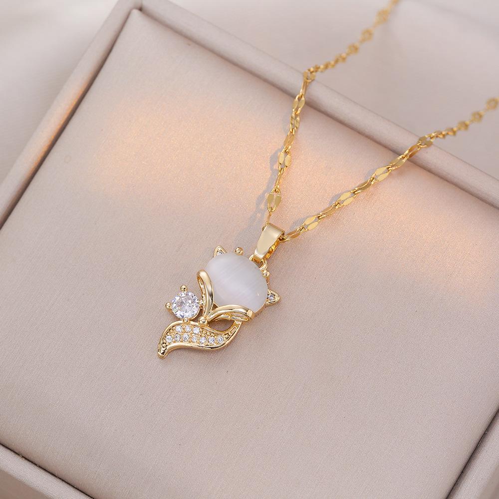 Fashion Cute Colorful Stone Fox with Zircon Necklace for Women Vintage Stainless Steel Chain Party Accessories Jewelry Gifts
