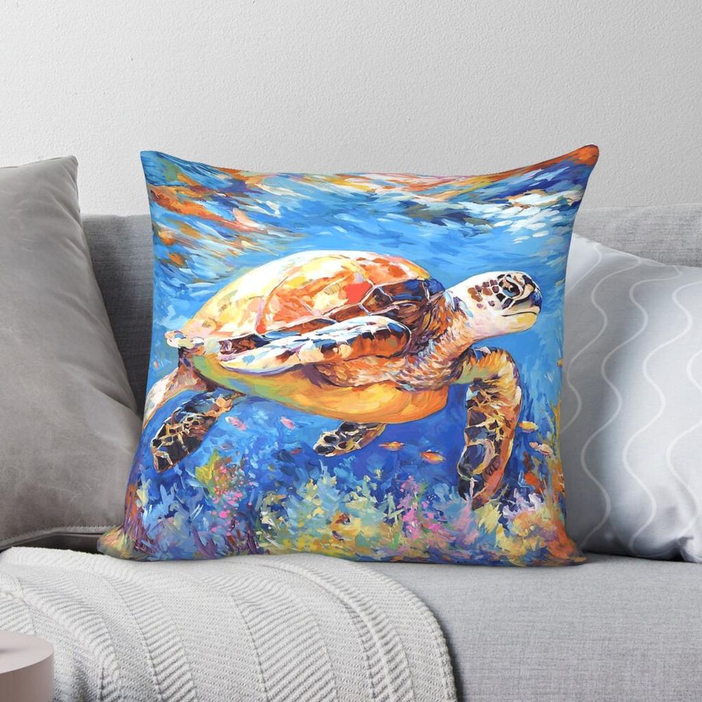 Sea Turtle Adventure Square Pillowcase Polyester Linen Velvet Pattern Decorative Throw Pillow Case Sofa Seater Cushion Cover 18"