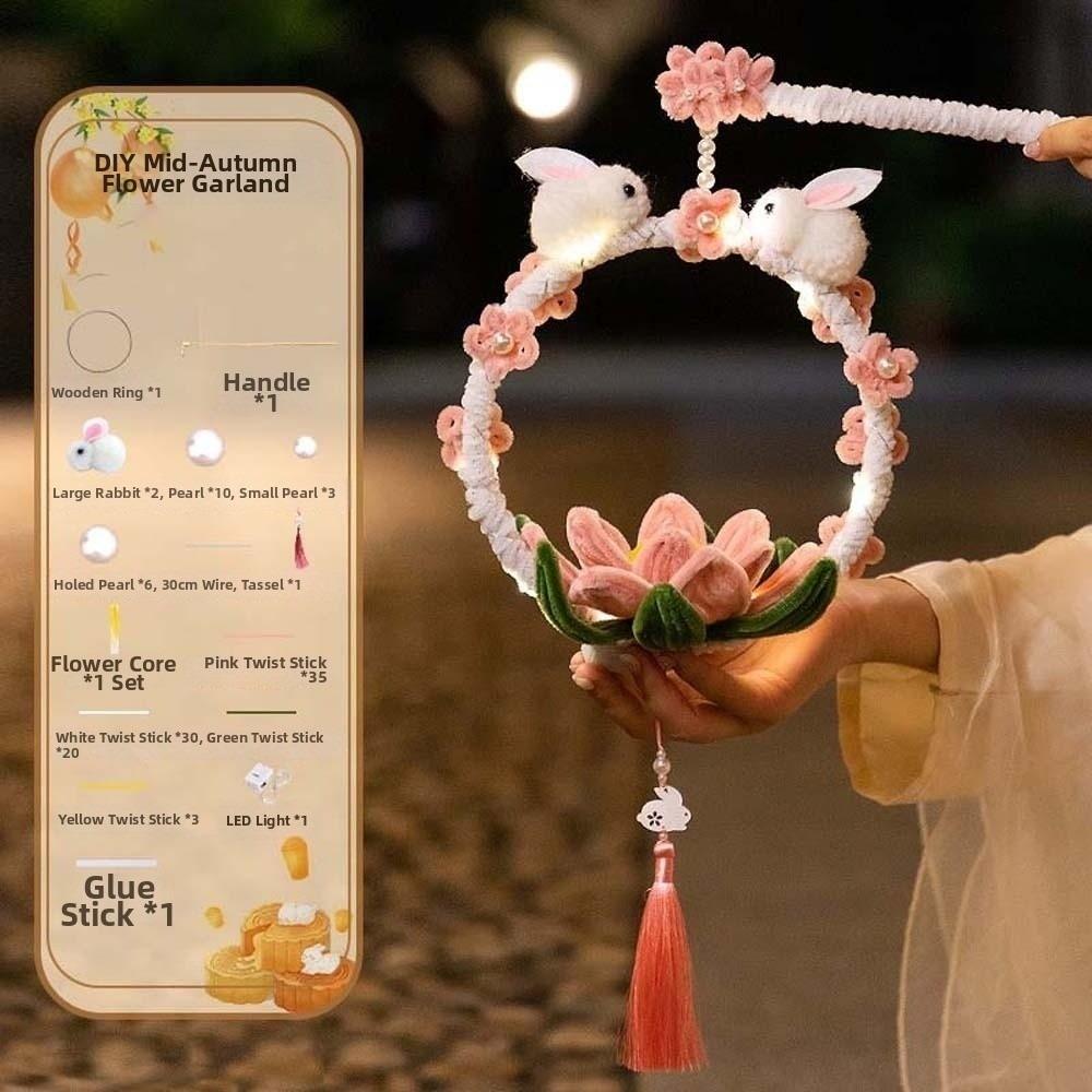 Handmade Rabbit Hoop Lamp Glowing Chenille Stems Craft Bunny Wreath Lantern  Mid-Autumn Festival