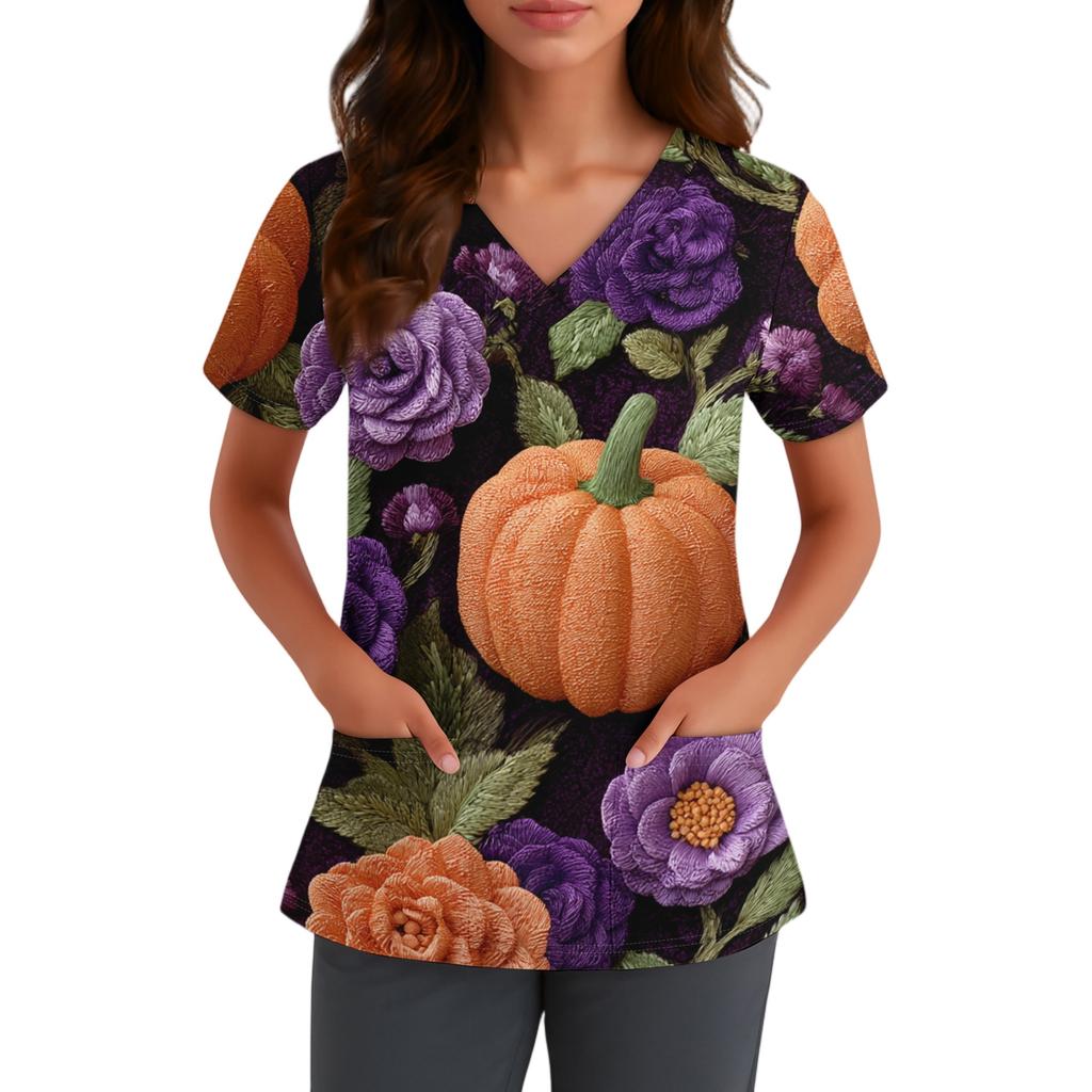 Haut pour femme à col en V et manches courtes avec poches Impression florale d'Halloween Chemise d'uniforme pour infirmière Soins de santé