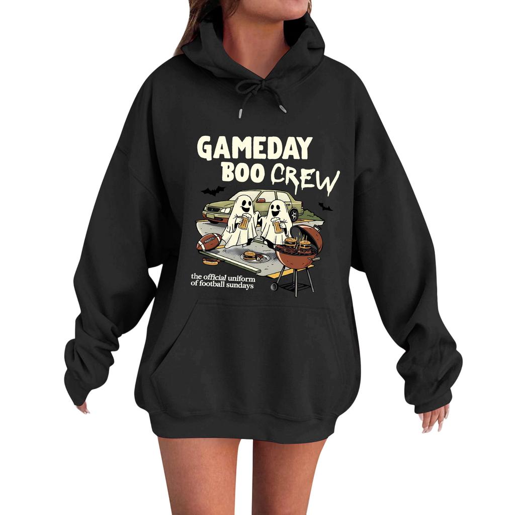 Women's Casual Fashion Comfortable Round Neck Gameday Boocrew Halloween Print Hooded Sweatshirt