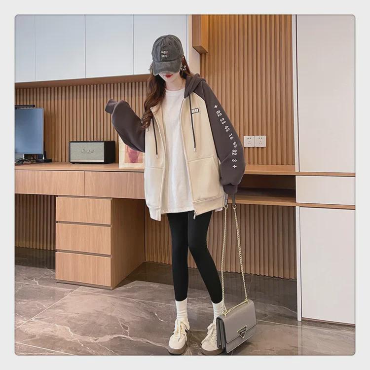 Women's Contrast Color Hooded Sweatshirt - Spring/Fall 2025, Thickened Velvet, American Style Zip-Up Cardigan