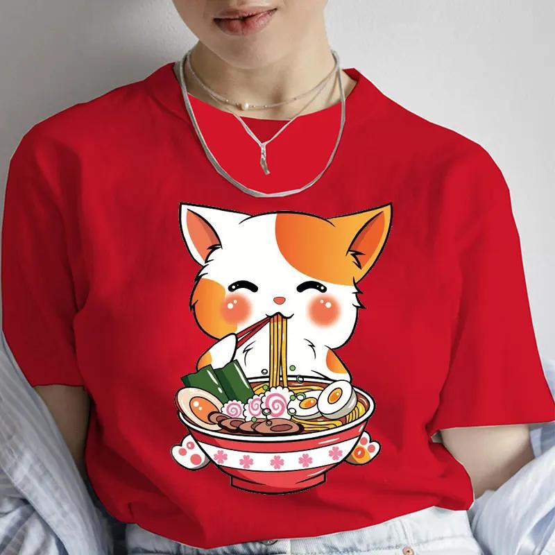 Anime T-shirt for Women Japanese Anime Noodles Printed T Shirt Cute Lamian Noodles Kitten T Shirts