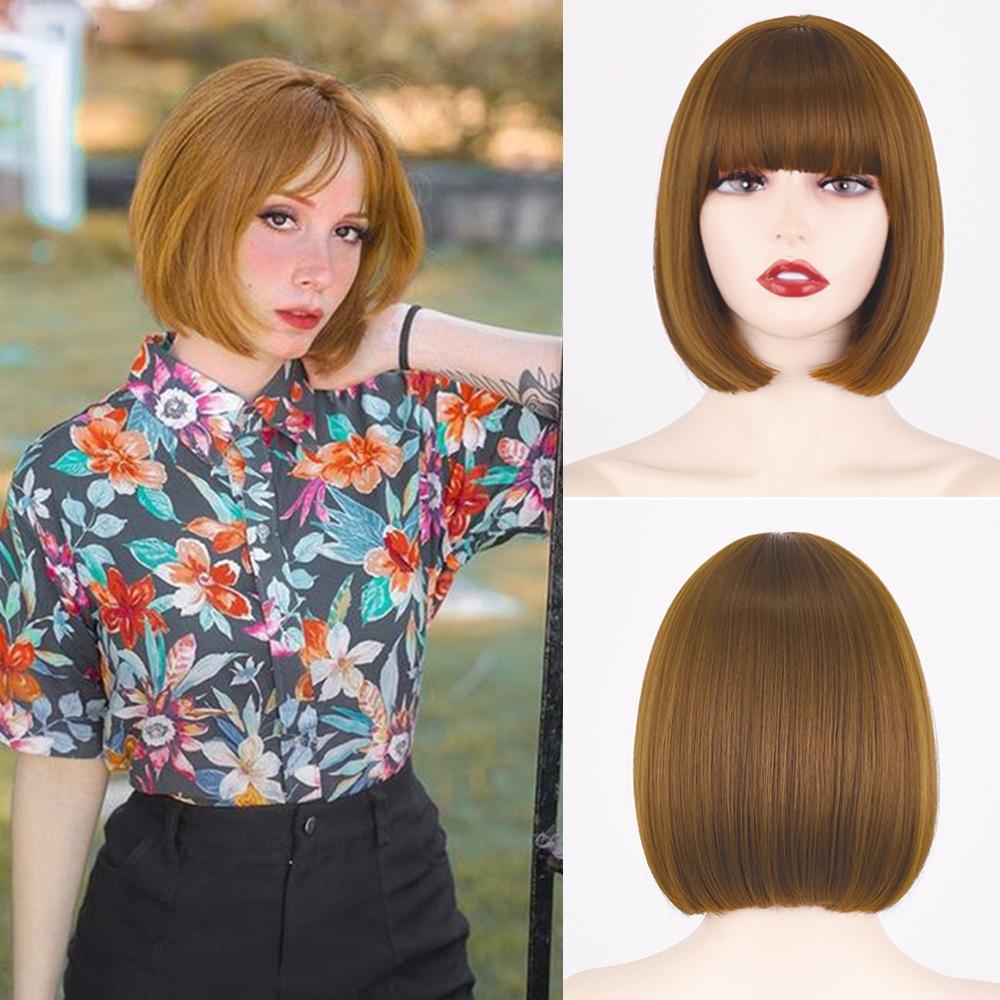 MERISIHAIR Short Bob Wig with Bangs Pure Color Black Brown Wig for Women Synthetic Wigs for Lolita Party Cosplay Daily Use