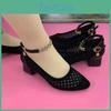 Womens Shoes Pumps Rhinestone Single Ladies Elegant Mesh Hollow Breathable Soft Sole Thick Medium Heel Sandals Loafers