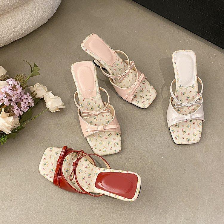 French Elegant Wedge Slippers Women's Head Temperament Open-toe Word with Bow High-heeled Sandals 2025 Summer New