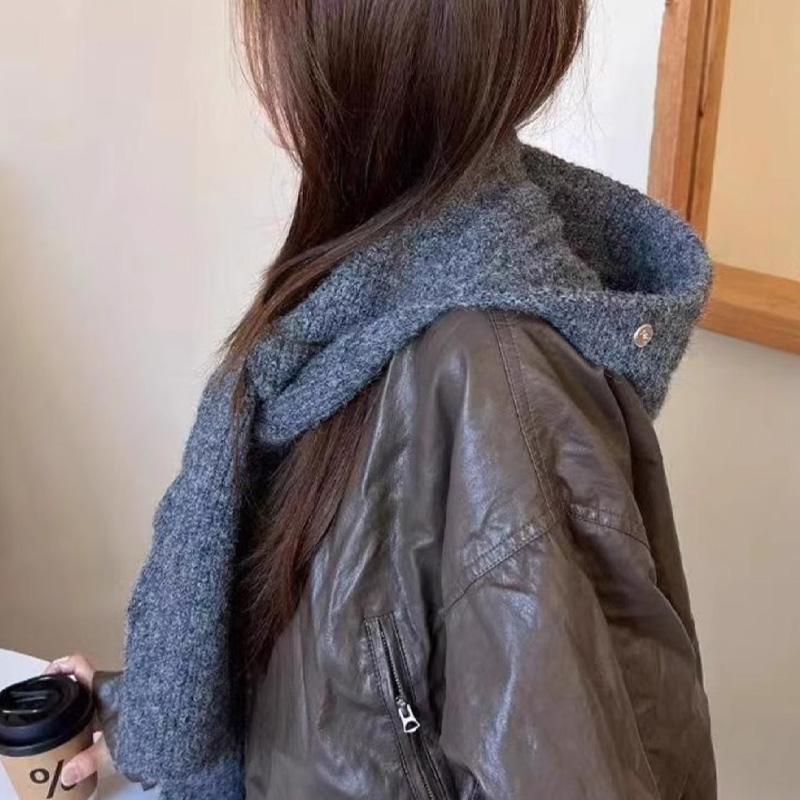 1Pc Solid Color Thicken Hat Cold Protection Integrated Keep Warm Shawl Buckled Knit