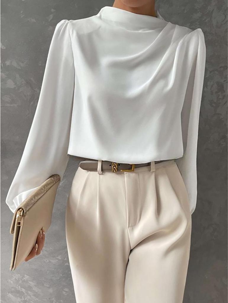 Solid Color Ruched Satin Pullover: Women's European and American Style Long-Sleeved Shirt