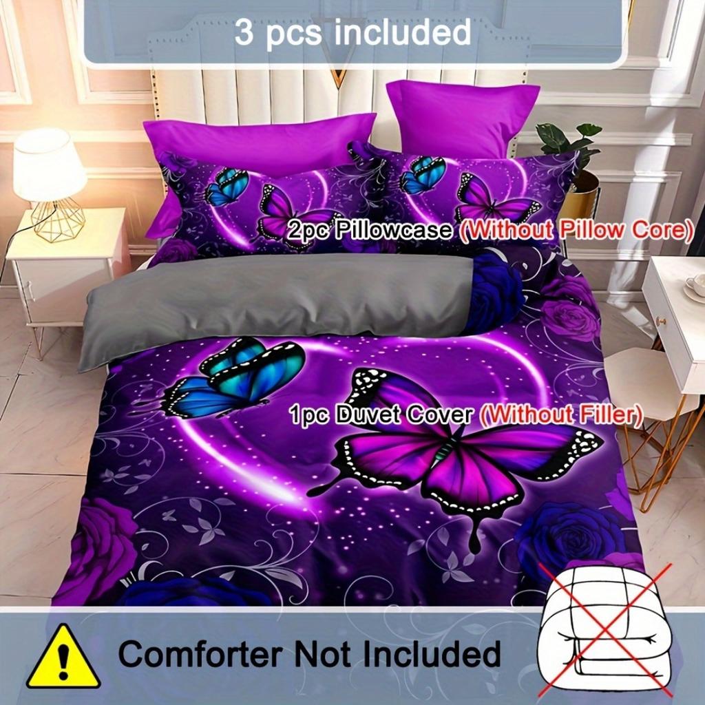 Enchanting Butterfly Rose Floral 3D Bedding Set Breathable Duvet Cover Set King Queen Twin Single Size Bithday Gift for Girls