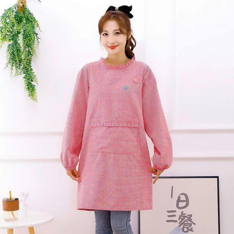 Long Sleeve Apron Women Plaid Simple Waterproof Oil-proof Breathable Household Aprons Wear-resistant Kitchen Cleaning Tools New
