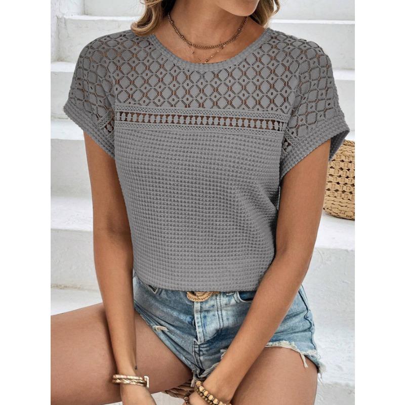 VEZFAA Women's Fashion Casual Summer Spring Solid Color Print Short Sleeve O-Neck Blouses & Shirts