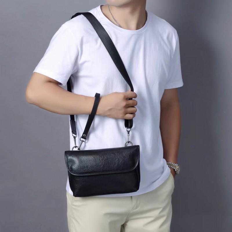 Real Cowhide Men s Leather Crossbody Bag With High-end Feel Small Square Lid Portable Horizontal Storage Single Shoulder чёрный