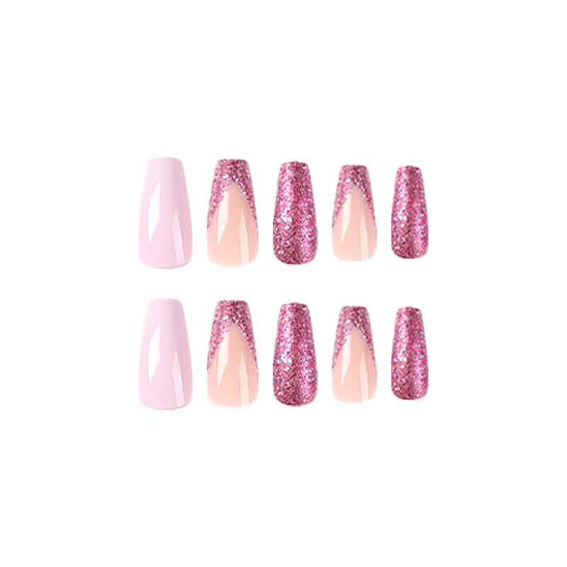 24Pcs/Set Quick Nails Purple Glitter French False Nials Sticker Wearable Waterproof Manicure Finished Nails