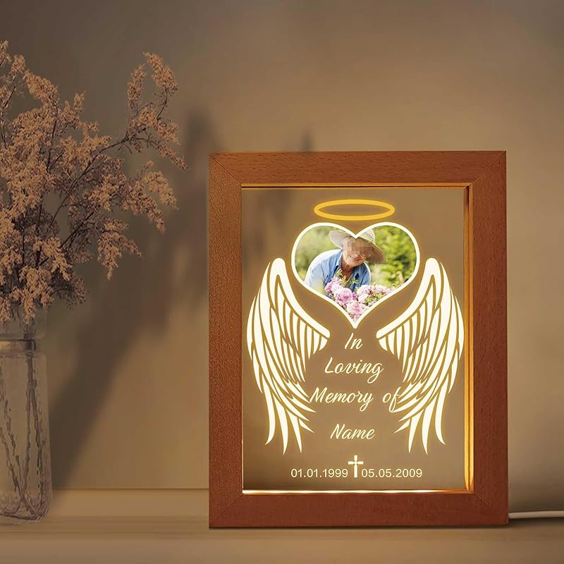 Custom Memorial Night Light with Picture Frames Personalized Acrylic Plaque Sympathy Bereavement Gift with Photo Name Date for Loss of Love(S-Heart