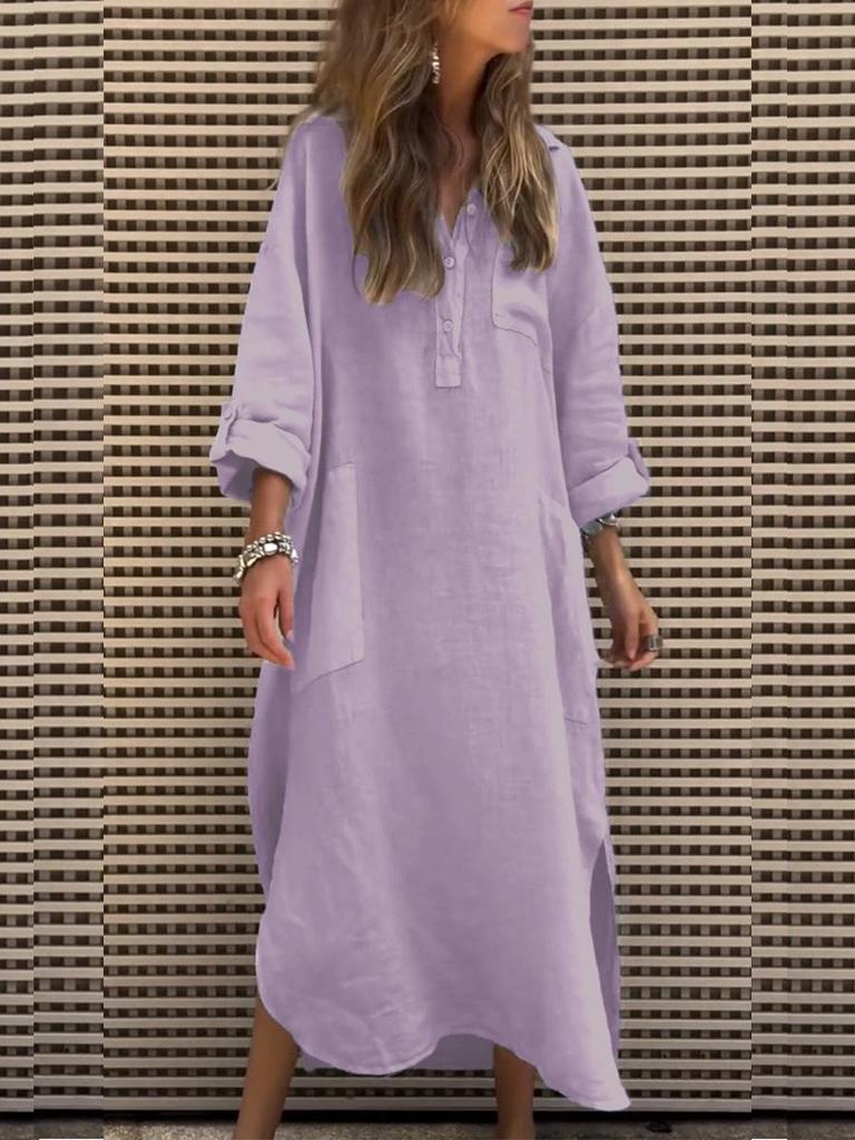 Elegant Solid Color Irregular Long Dress with Buttons and Pockets for Spring/Summer 2024