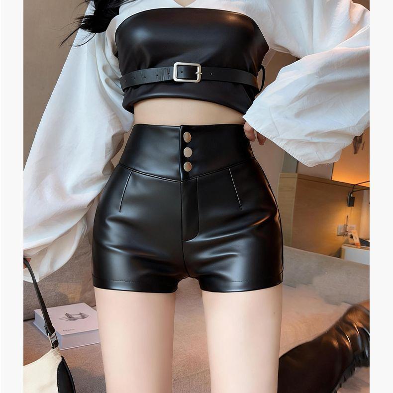 Women's High Waist Black PU Leather Slimming Shorts for Autumn/Winter 2026 - Versatile & Elastic