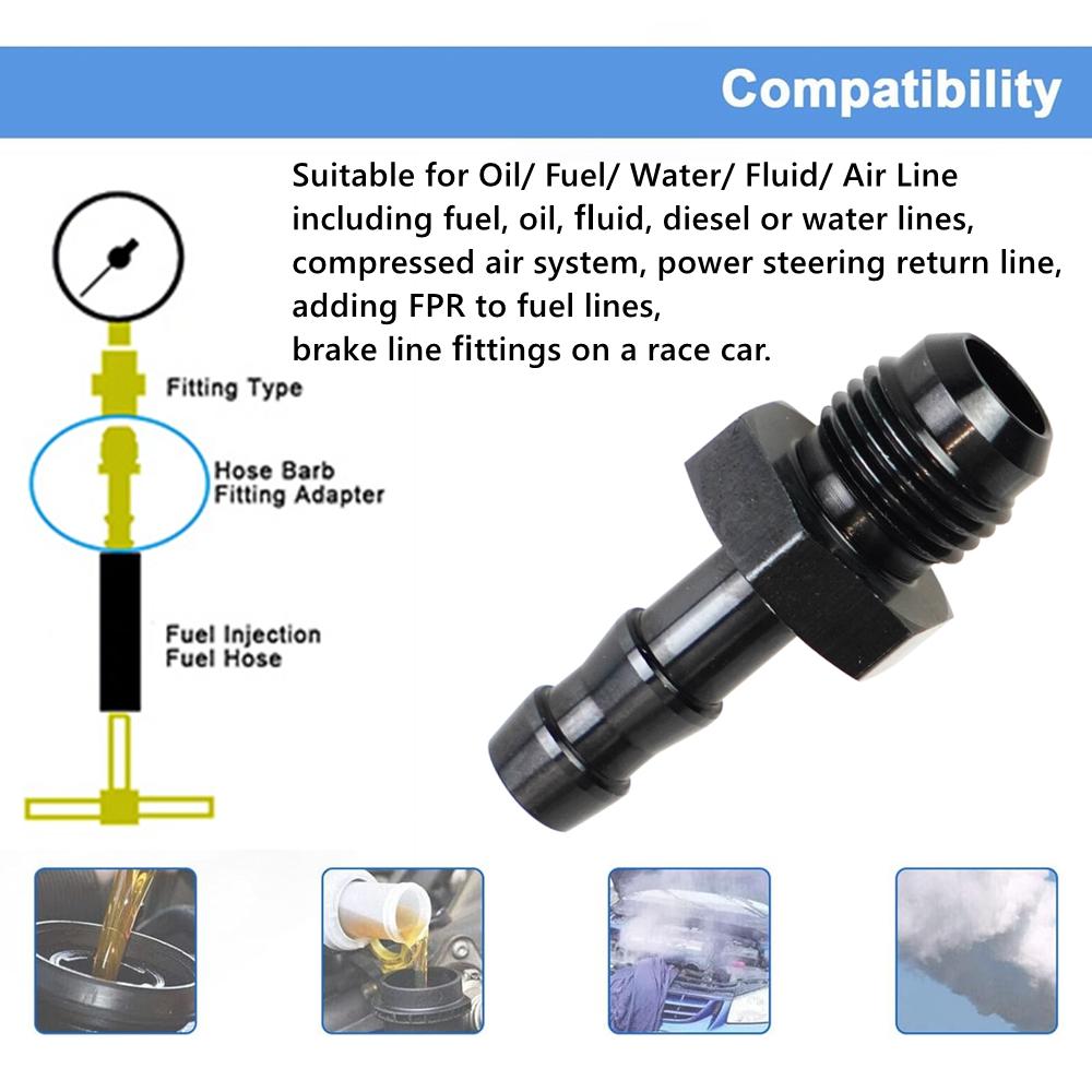 6AN Flare auf 3/8 Zoll oder auf 5/16 Zoll Schlauchadapter-Anschlüsse, Aluminium-Kraftstoffleitung männlich 8AN auf 1/2 Zoll Push-On Barb Connector Schwarz