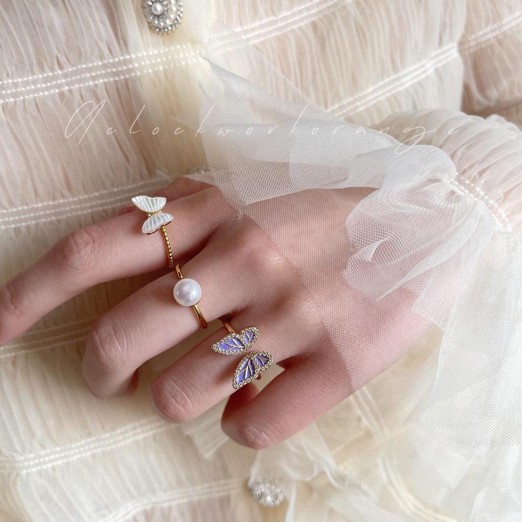 Elegant Purple Gold Butterfly Adjustable Ring with Faux Pearl - Trendy Light Luxury Jewelry for Women