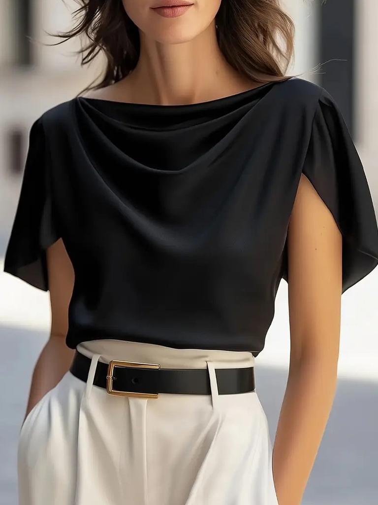 New Summer Commute Versatile Satin Short Sleeve Shirt Top for Women