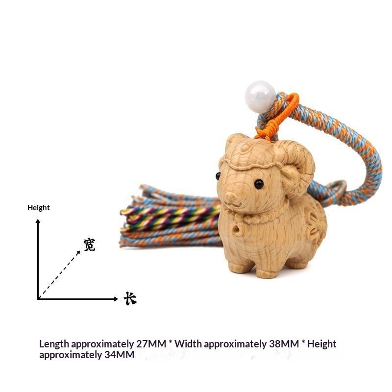 Carved Sandalwood Cute Ram Pendant Wooden Keychain Bag Decor Artistic Craft Creative Style Polished Surface Animal Zodiac