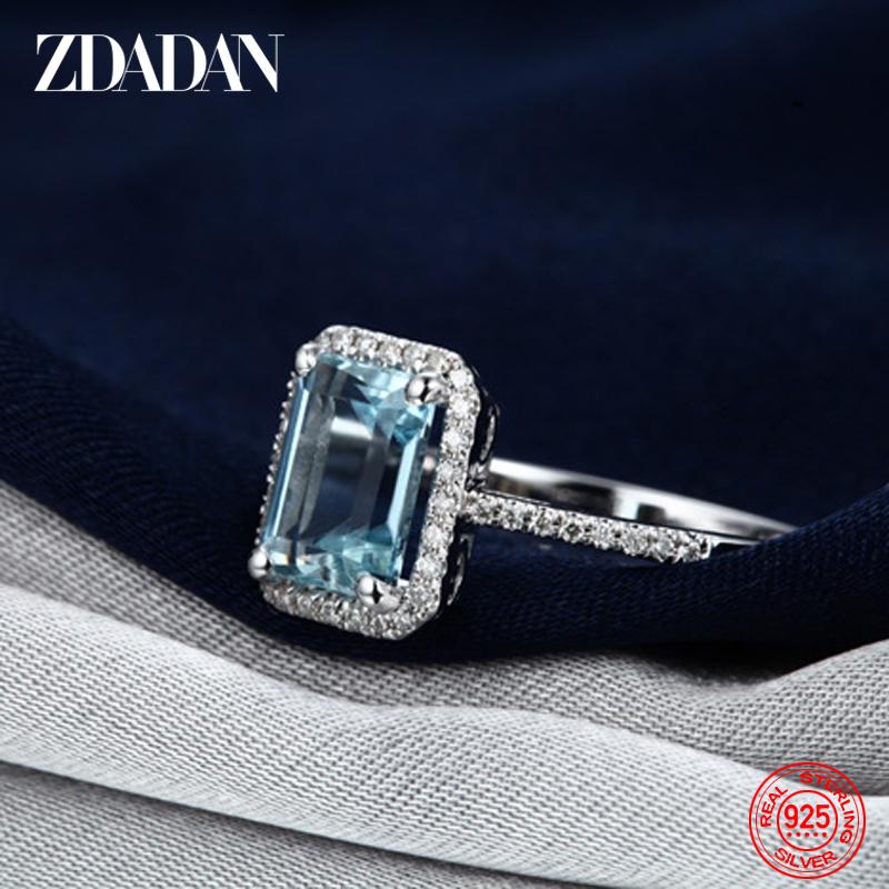 Authentische 925 Sterling Silber Quadratische Blaue Klare Zirkonia Fingerringe für Damen Hochzeits-Verlobungs-Schmuck Geschenk