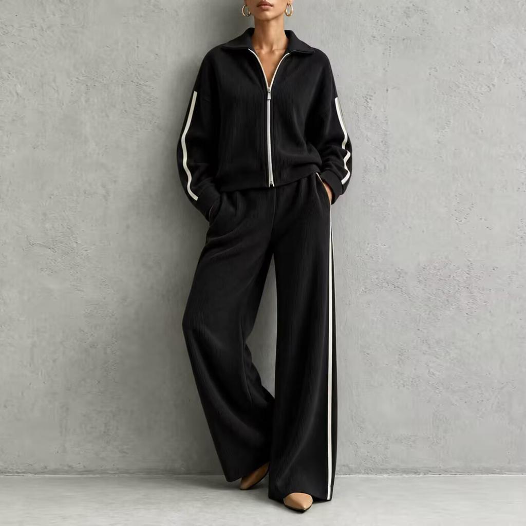 Women's Corduroy Casual 2 Piece Outfit with Zip Front Jacket and High Waist Wide Leg Pants for Fall Winter