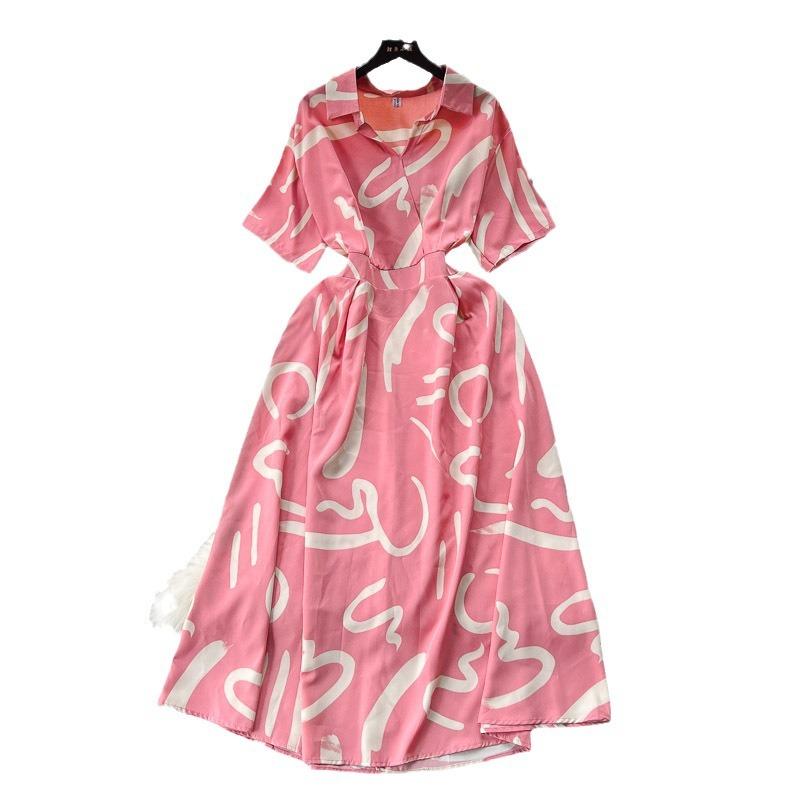 Summer Dress Women's New Coffee Break French Retro Short-sleeved Printing Waist and Thin Temperament Holiday Dress
