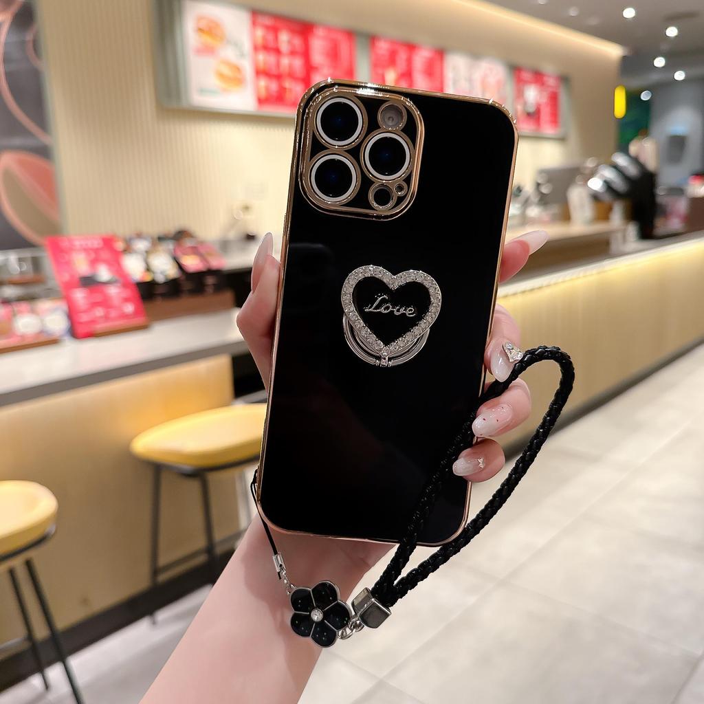 Luxury Wrist Strap Love Heart Stand Plating Camera Lens Protect Bumper Phone Case For iPhone 17 Air 16 15 14 Plus 13 12 11 Pro Max SE Girls Cute Cover