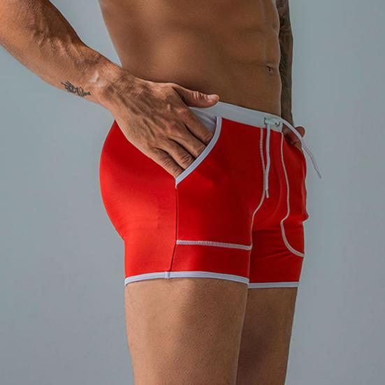 Men Summer Swimming Trucks Mid-rise Drawstring Patchwork Color Pocket Swimming Shorts Quick-Drying Stretch Beach Surfing Shorts