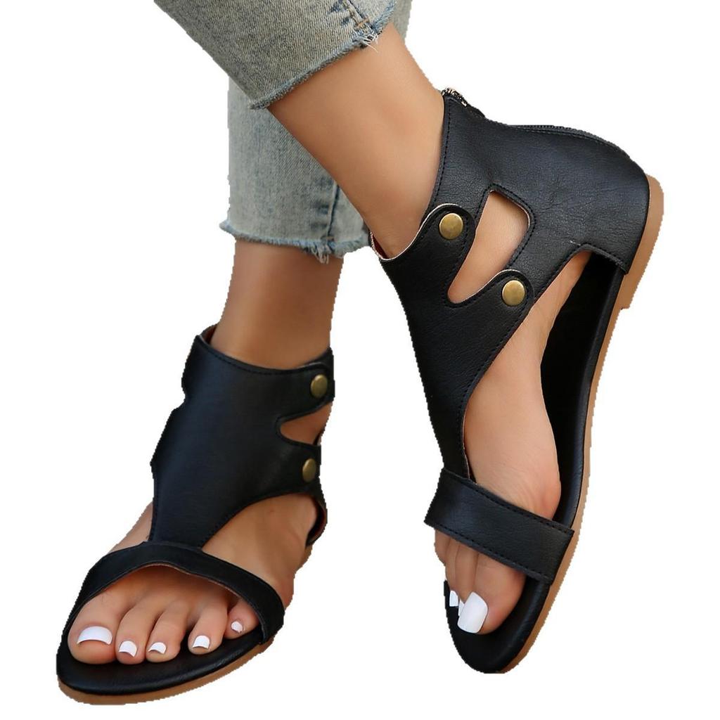 2025 Retro Plus Size Peep-Toe Sandals: Solid Color, Hollow Out, Open-Toe, Back Zipper Flats for Women