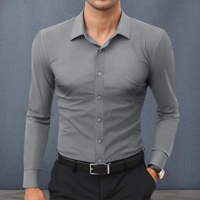 Men's Dress Shirt Long Sleeve Lapel Button Down Shirt Solid Color Formal Business Shirt for Work Dates Interviews Weddings