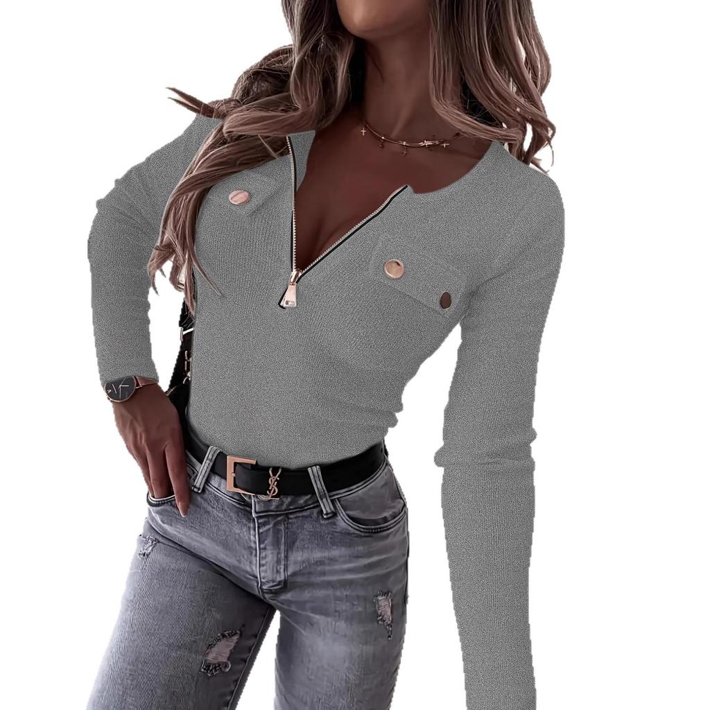 2025 Women's Ribbed Knit Slim-Fit V-Neck Long Sleeve Pullover with Metal Zipper