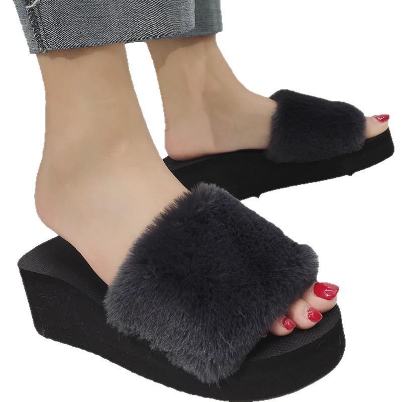 Autumn/Winter Korean Style Women's Thick-Soled Furry Wedge Heel Slippers - One-Strap Outdoor Casual Cotton Design